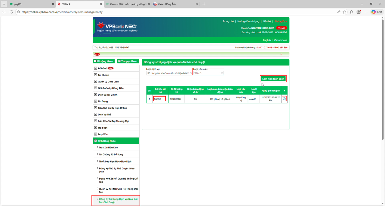payOS link VPBank account success