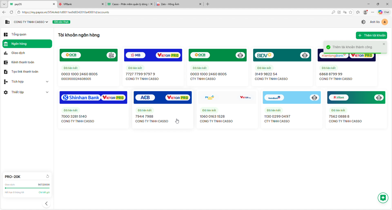 payOS link VPBank account success