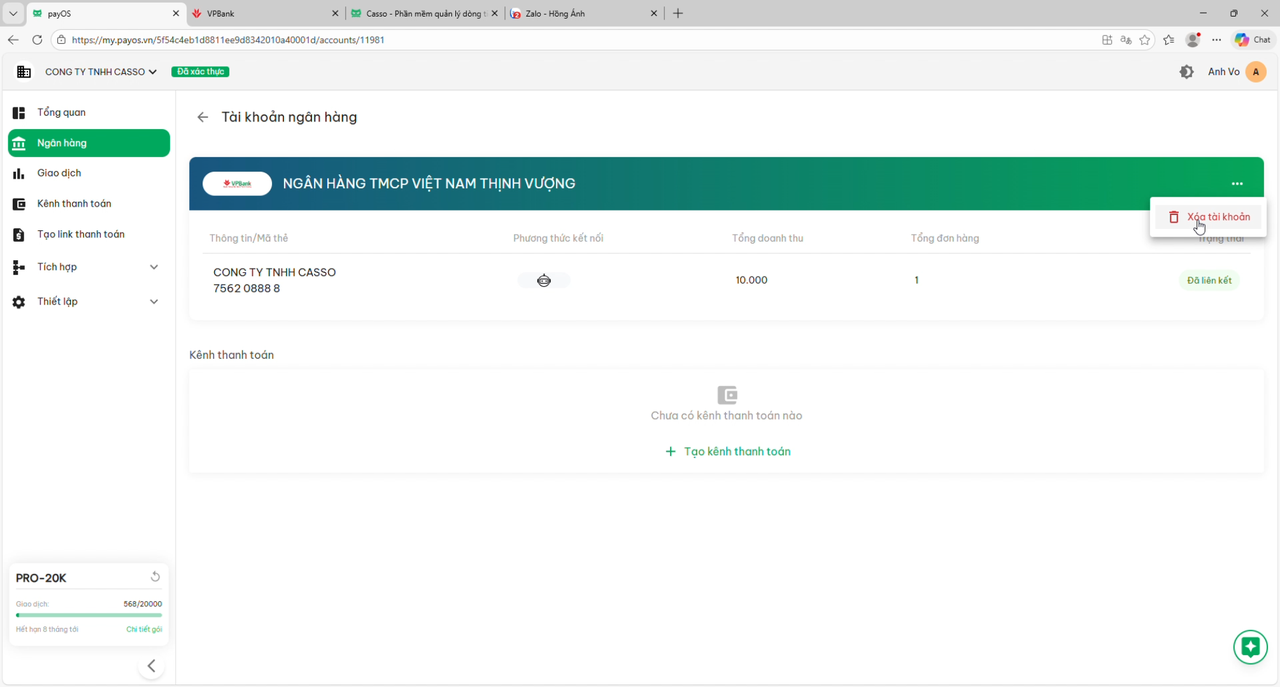 payOS link VPBank account success