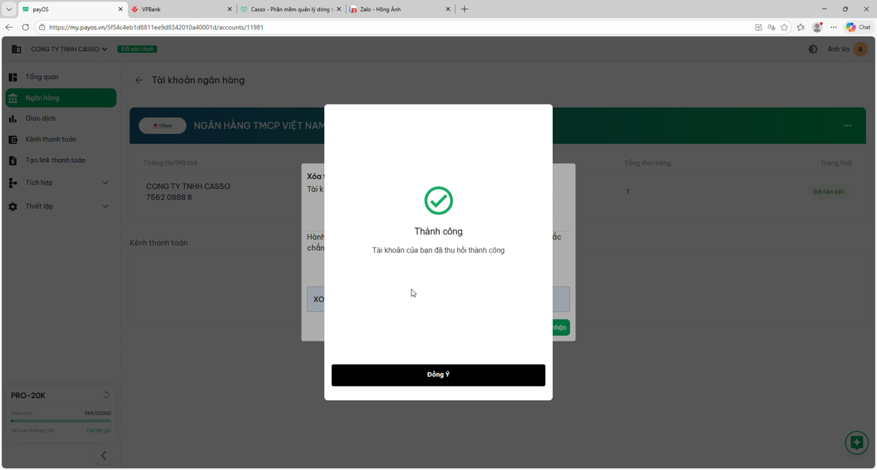 payOS link VPBank account success