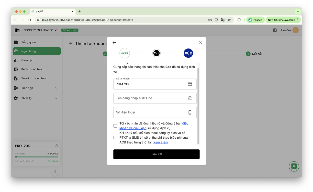 payOS fill ACB business phone number