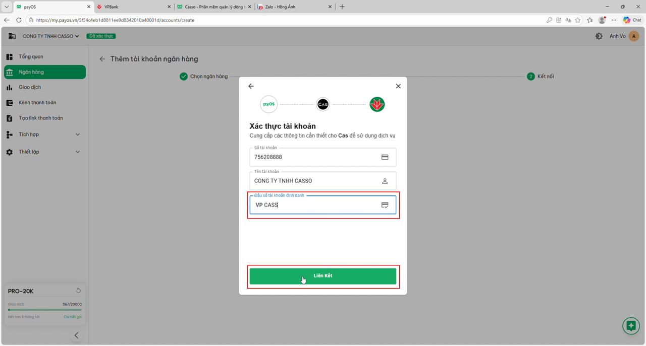 payOS link VPBank account success