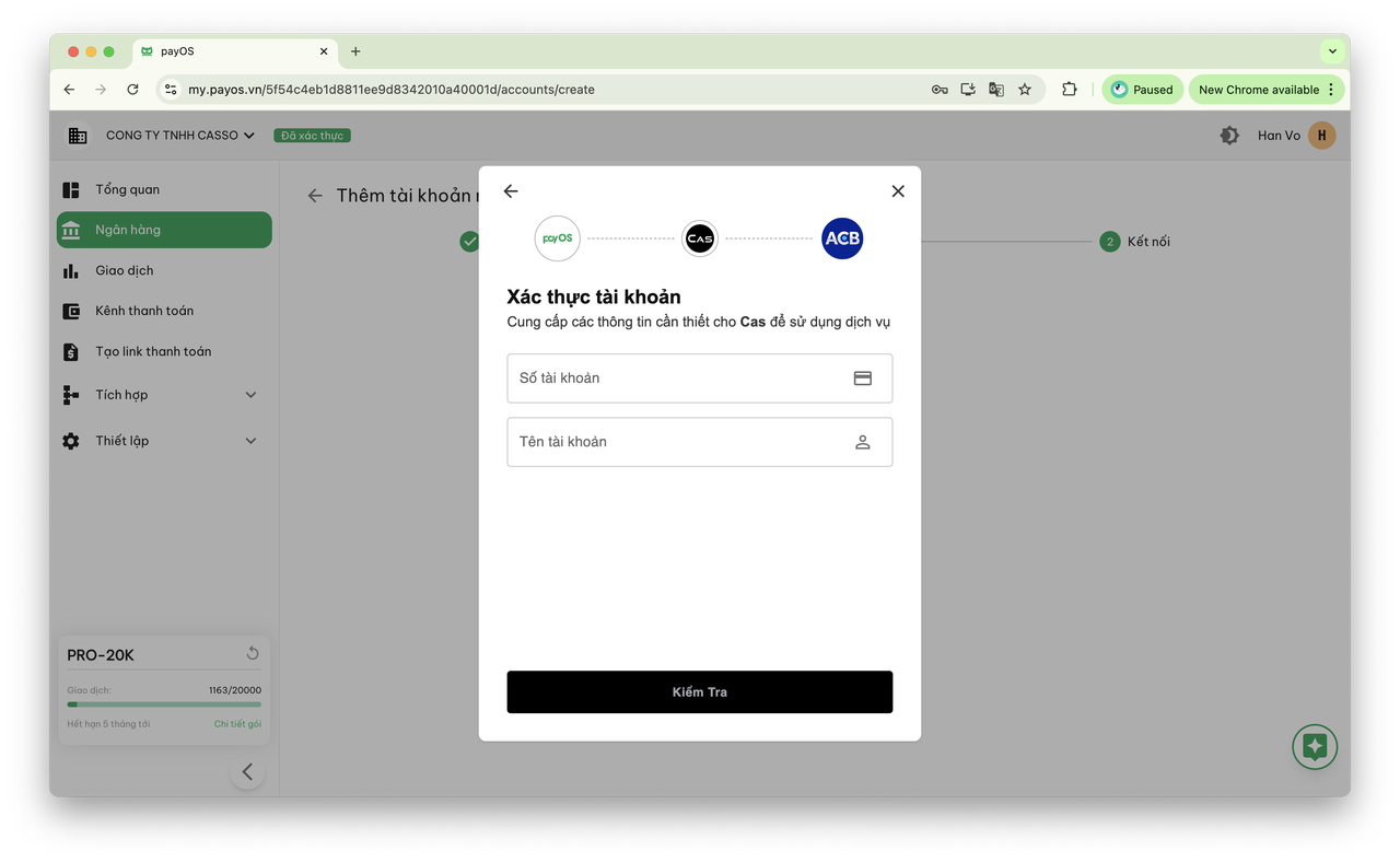 payOS fill ACB business phone number