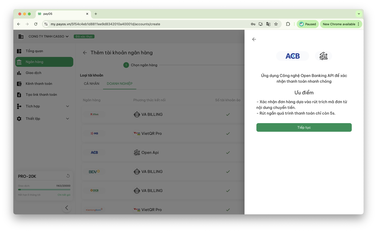 payOS select ACB business bank account page