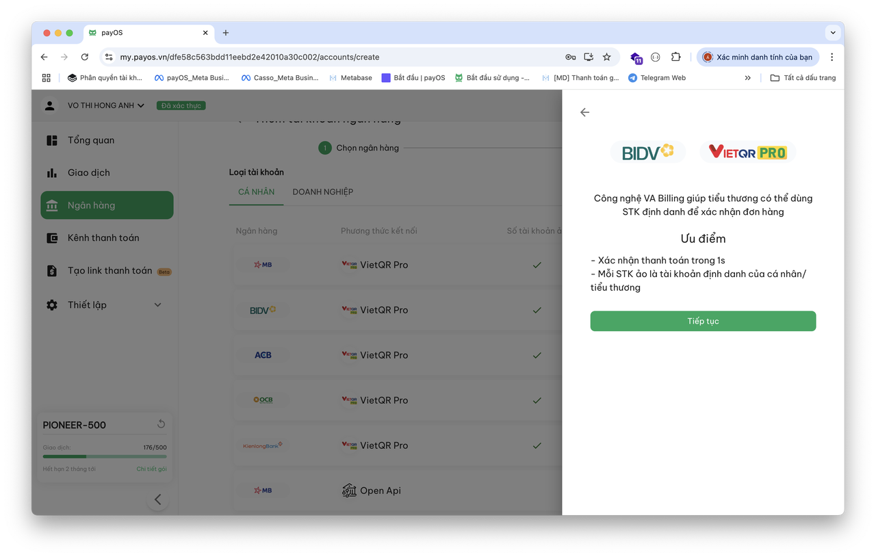 payOS select BIDV bank account page