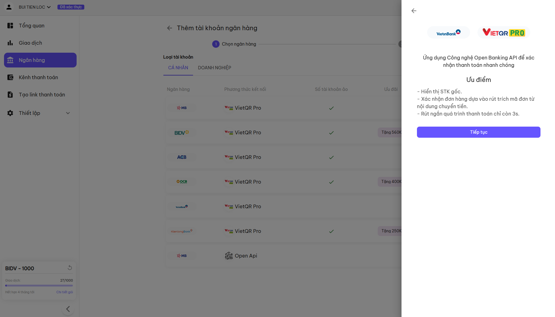 payOS select VietinBank bank account page