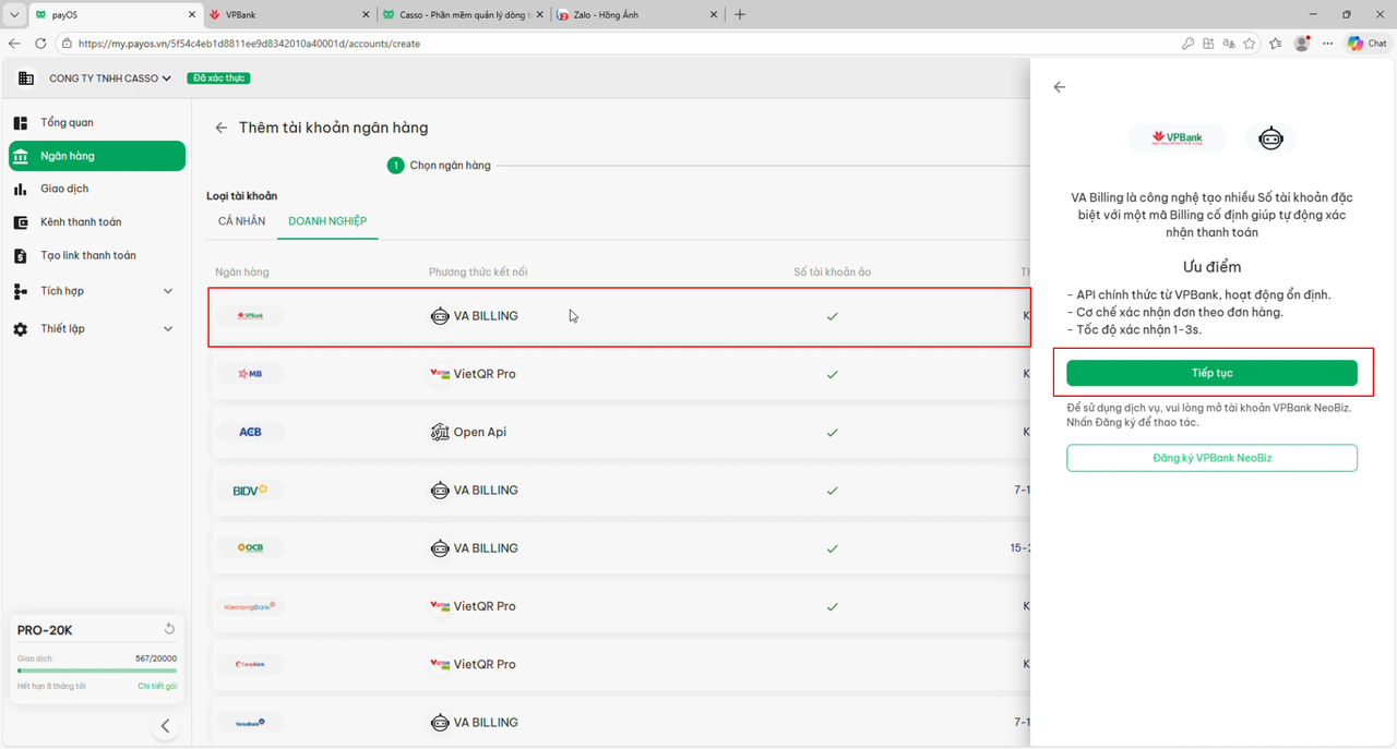 payOS link VPBank account success