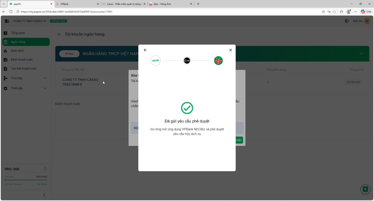 payOS link VPBank account success