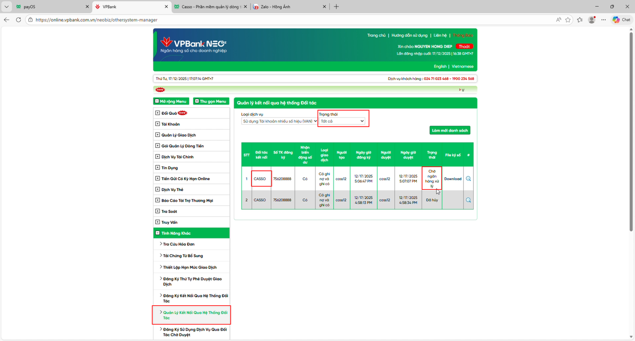 payOS link VPBank account success