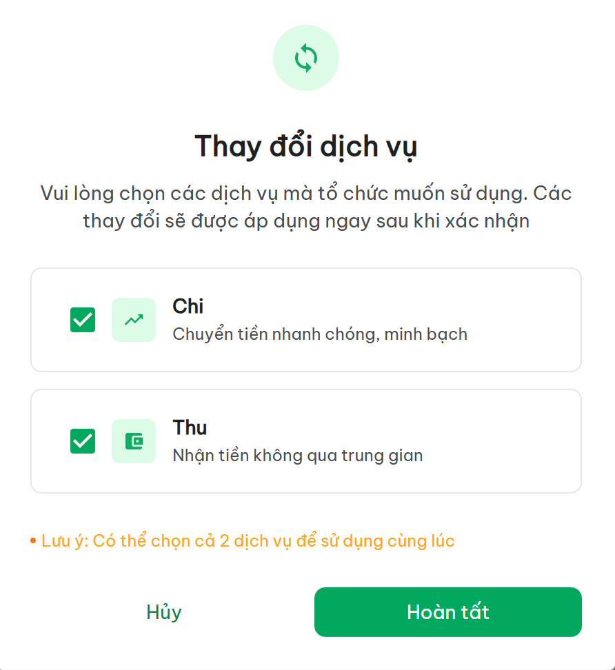 Màn hình Thay đổi dịch vụ