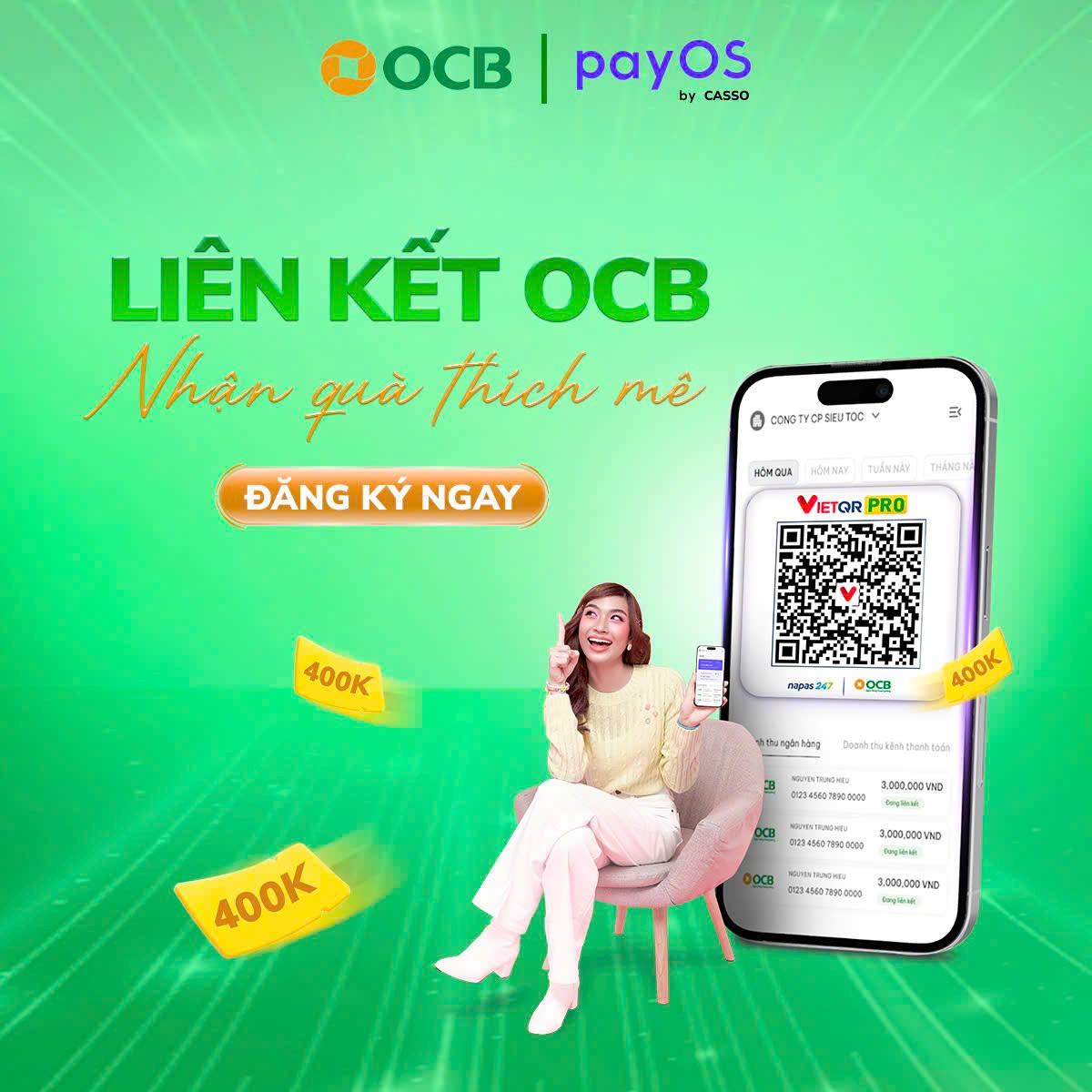 payOS hợp tác OCB – Mở tài khoản nhận ngay 400k